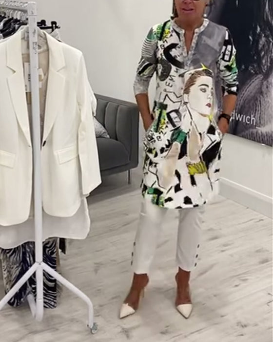 Casual lange top met knopen en karakterprint