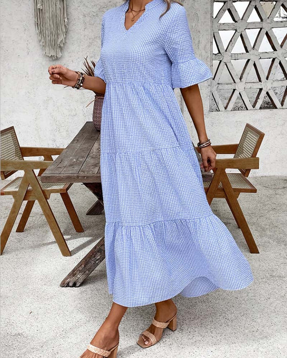 Jurk Blauw Wit Gingham V-Hals