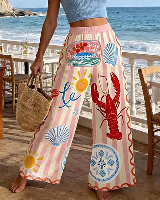 Broek Oceaan Print Wijd Pijp