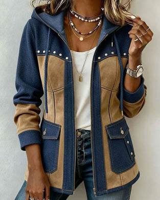Jas Met Capuchon Rits Denim Patchwork