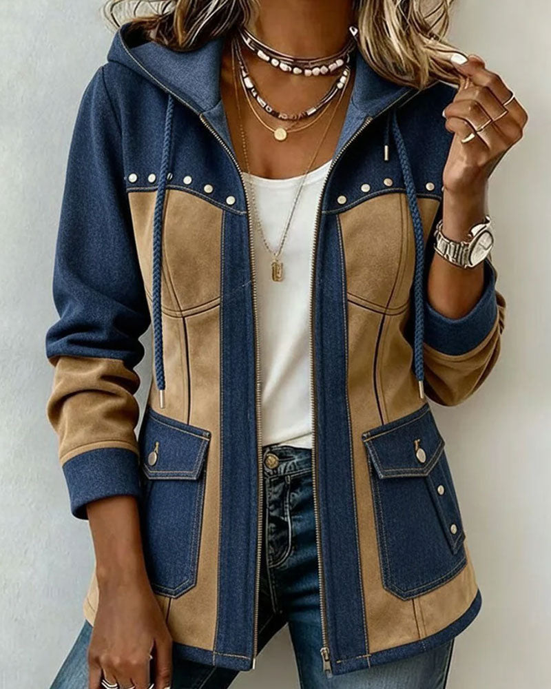 Jas Met Capuchon Rits Denim Patchwork