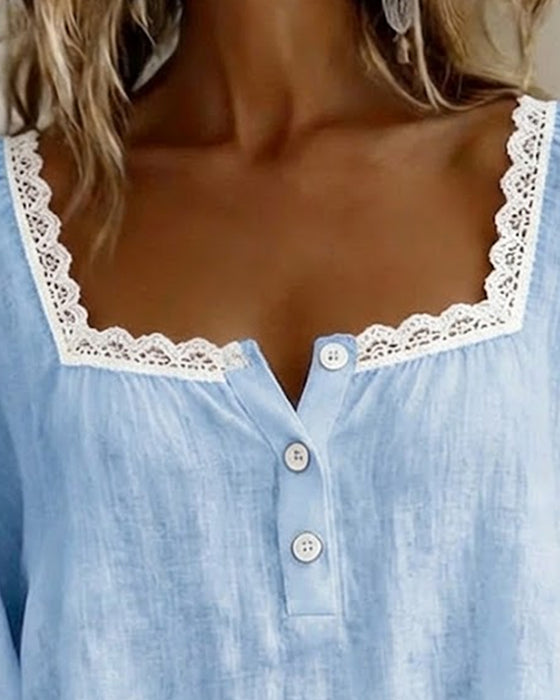 Blouse Met Vierkante Hals Kant Pofmouwen