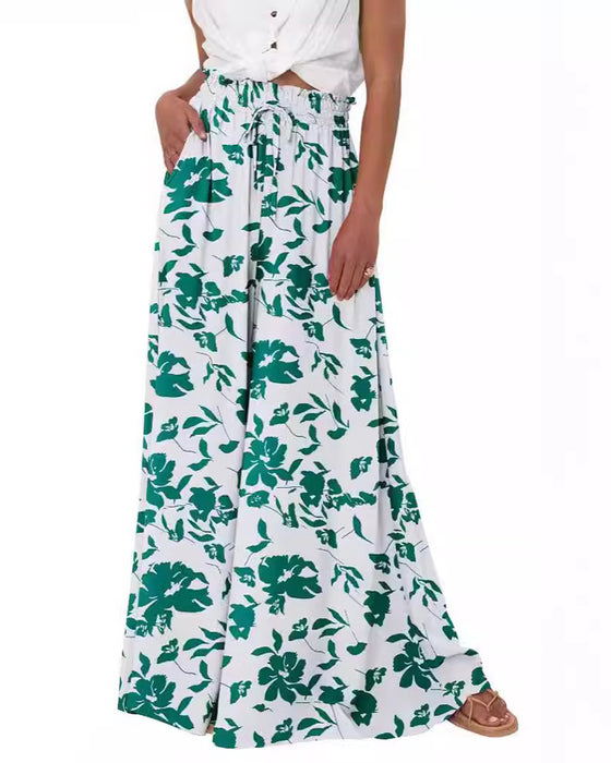 Broek Bloemen Effen Hoge Taille Wijd