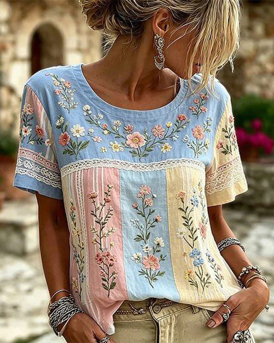 Blouse Ronde Hals Patchwork Bloemen