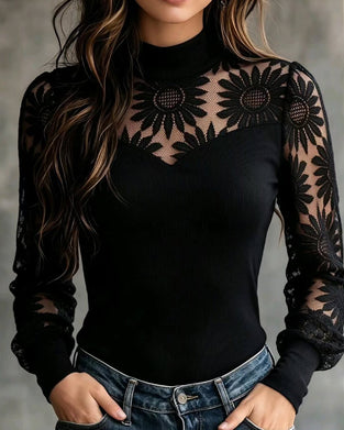 Top Zonnebloem Kant Paneel Turtleneck