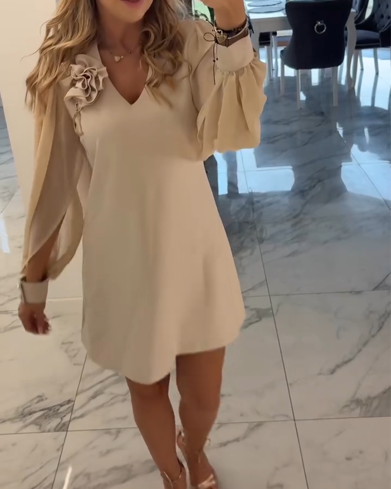 Jurk Driedimensionale Bloem V-hals Lantaarn Mouw