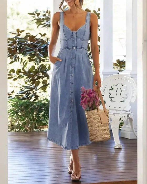 Jurk Spaghettibandje Knoop Taille Gesnoerd Denim
