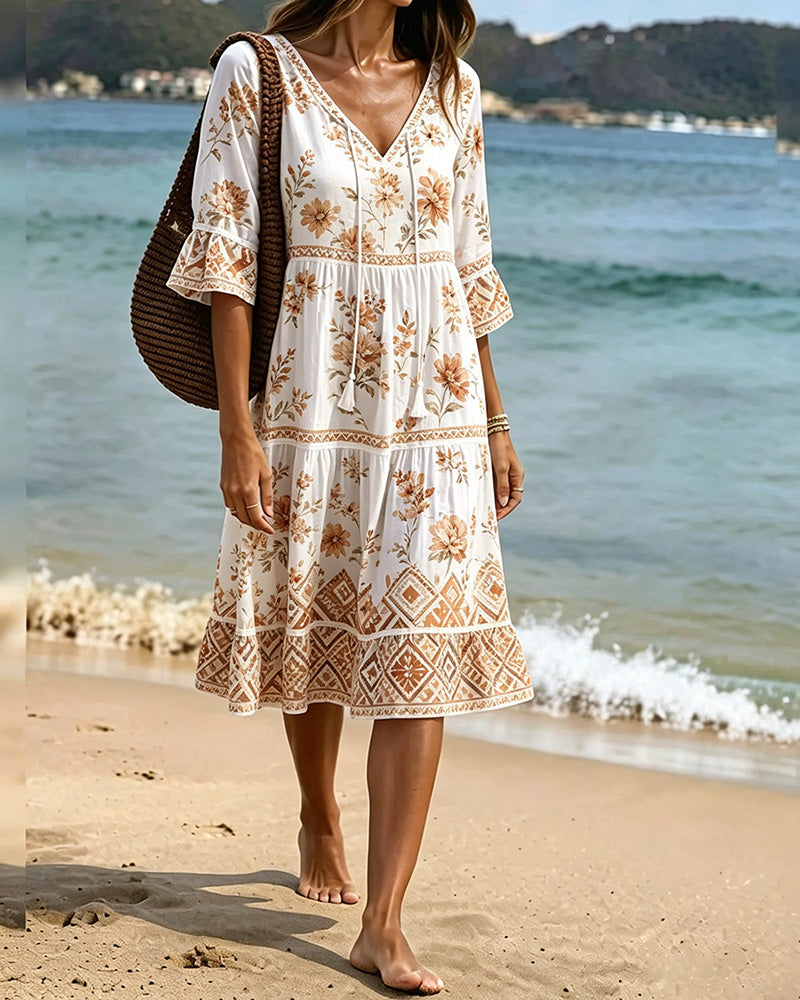 Jurk V-Hals Patchwork Bloemen Vakantie