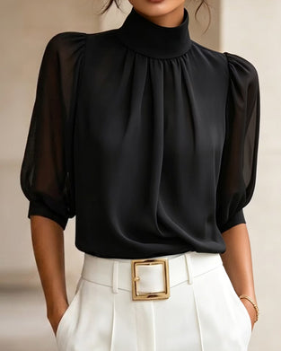 Blouse Hoge Hals Pofmouw Ellebooglang Chiffon