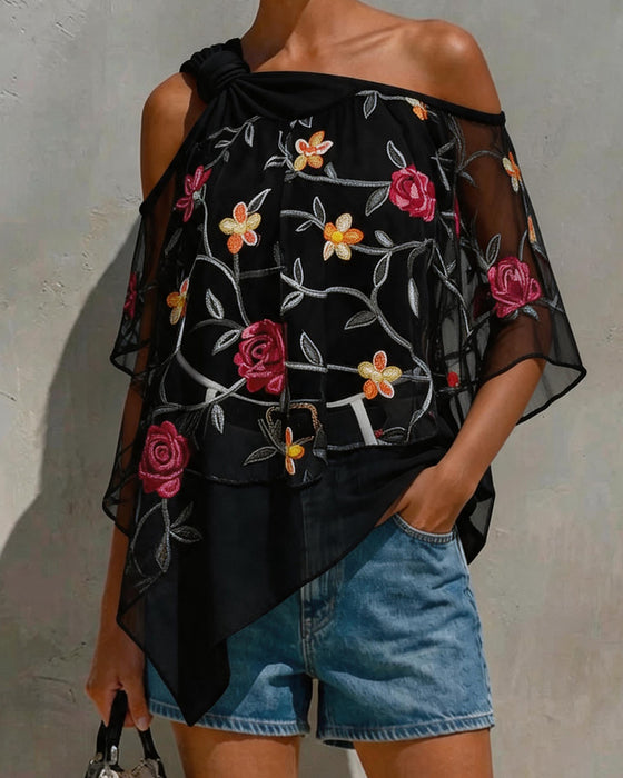 Blouse Mesh Rose Een-Schouder Twist Knoop