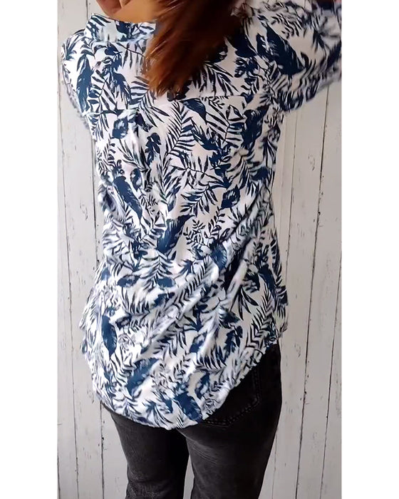 Casual blouse met bladerprint, V-hals en knoopsluiting met negenkwartmouwen