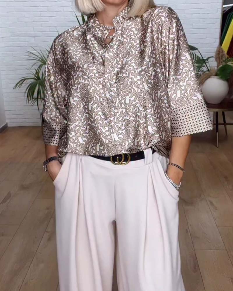 Blouse Met Staande Kraag En Bedrukt Satin