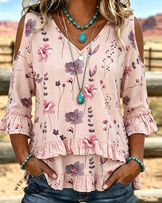 Blouse Bloemenprint Blote Schouder Ruchemouwen