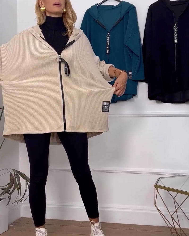 Casual effenkleurige jas met capuchon en rits