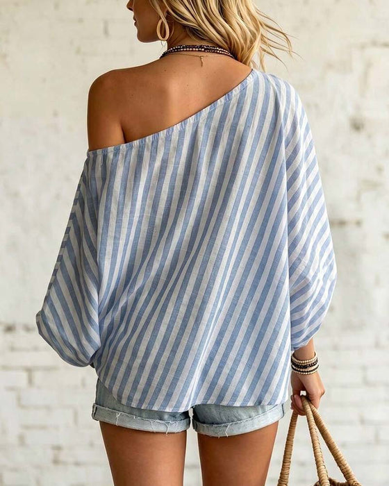 Blouse Asymmetrische Hals Streep Pofmouw