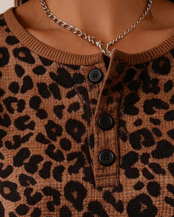 Top Henley Hals Luipaard Bedrukt Wafel