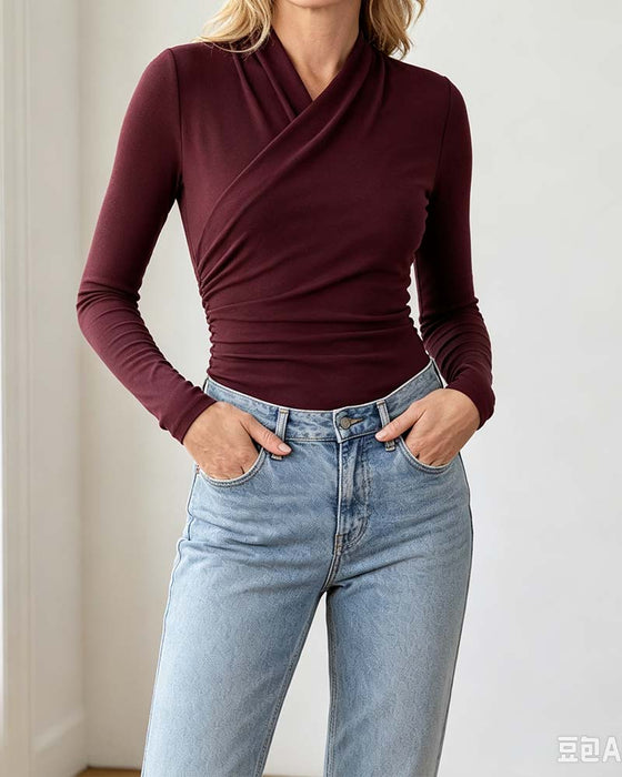 Top Kruis V-Hals Geplisseerde Taille Lange Mouw