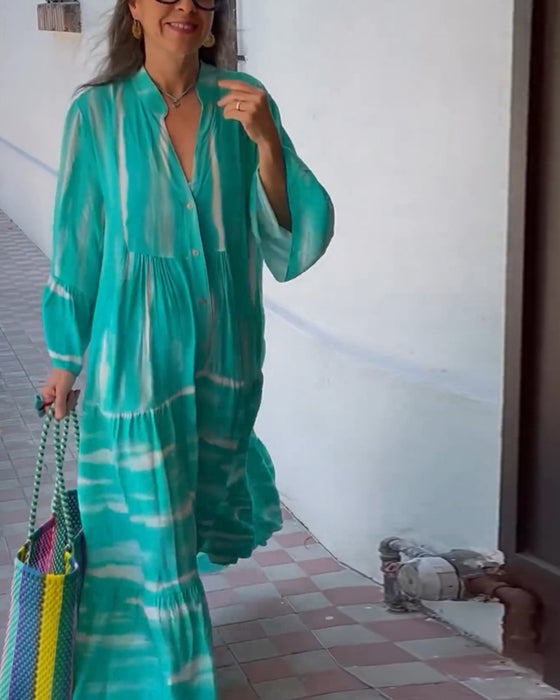 Casual losse lange jurk met V-hals en uitlopende mouwen