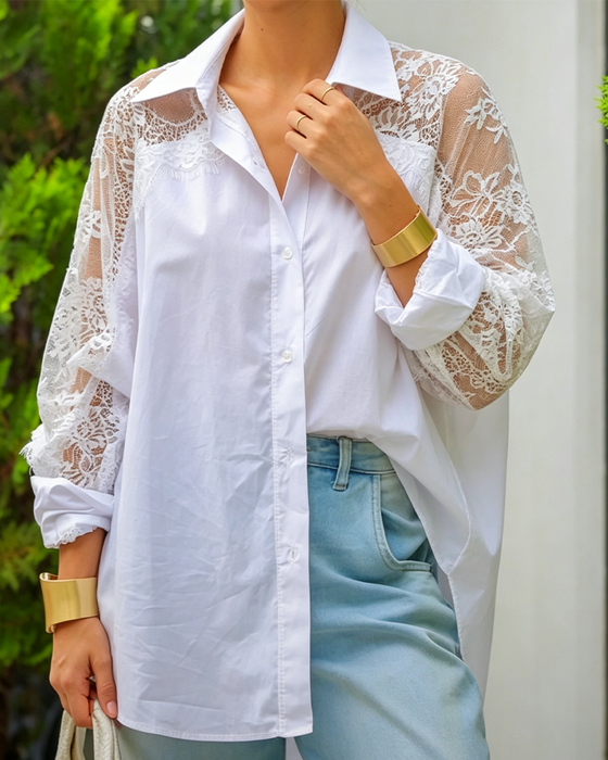Blouse Kant Patchwork Slag Lange Mouw