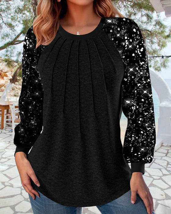 Lantaarnmouw geplooide pailletten top met lange mouwen