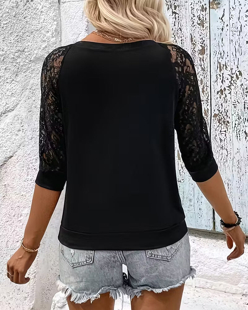 Top Effen Kleur Patchwork Drie-Kwart Mouw