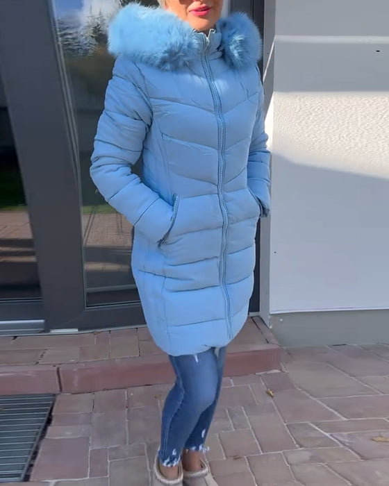 Casual effen kleur gewatteerde jas met ritszak en capuchon