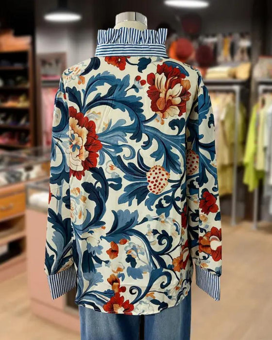 Vintage Bloemen Patchwork Streep Knoopsgat Blouse