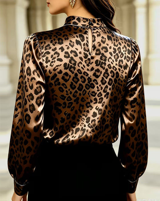 Blouse Mock Hals Luipaard Contrast Drapering