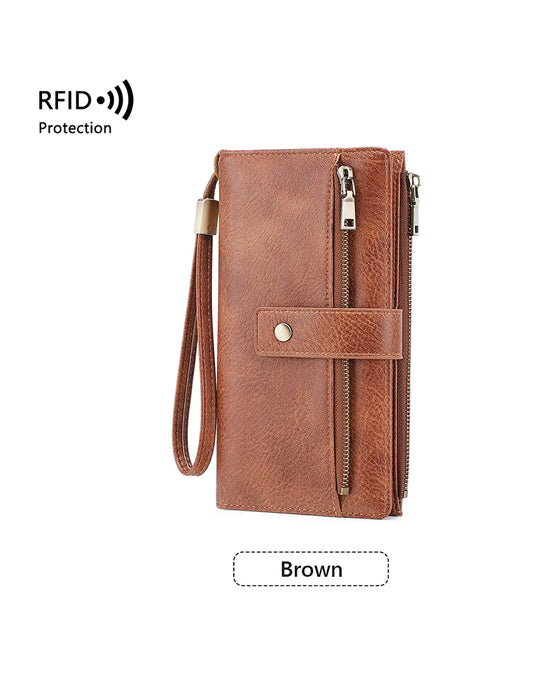 Dames lange portemonnee, stijlvolle clutch, elegante effen lederen portemonnee met RFID-blokkering👛