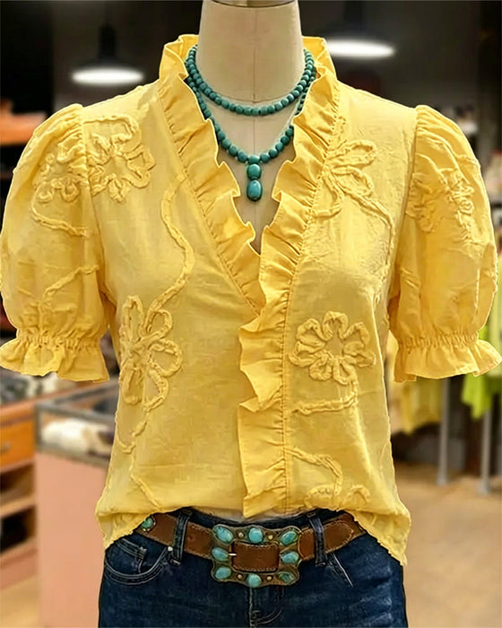 Blouse V-Hals Ruche Rand Pofmouw
