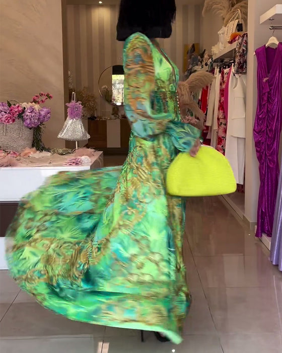 Hoogwaardige jurk met diepe V-taille en print