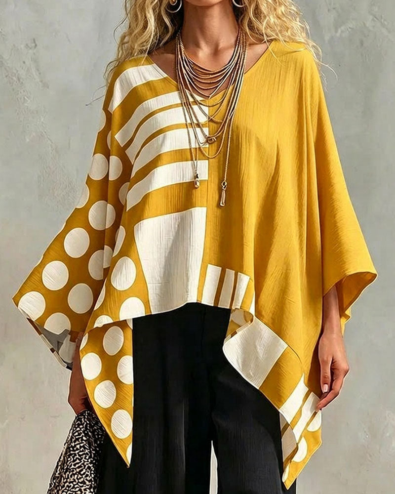 Blouse Polka Dot Streep Patchwork V Hals