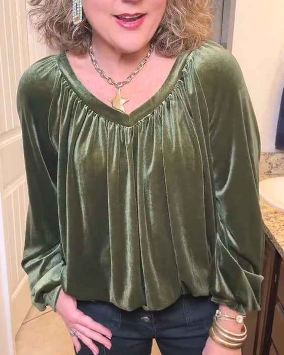Blouse V-Hals Gerimpeld Uitsnede Lange Mouw