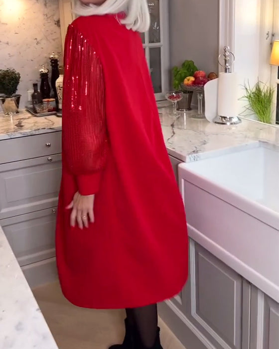 Modieuze effenkleurige pailletten patchwork jurk met lange mouwen