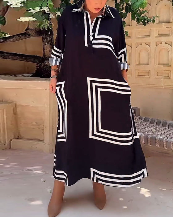 Rechthoekige vrijetijdsjurk met revers en print