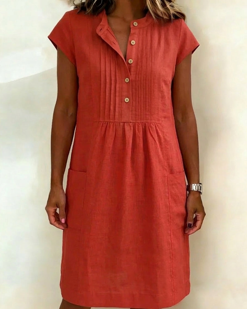 Jurk Katoen En Linnen Staande Kraag Korte Mouw