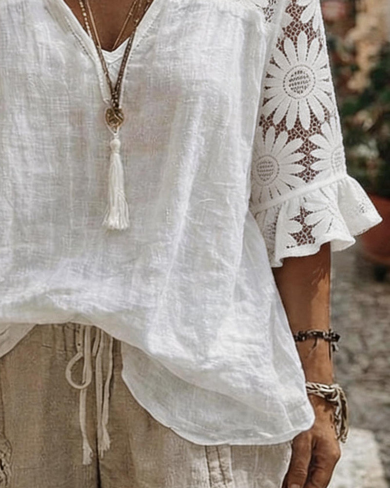Blouse V-Hals Madeliefje Patchwork