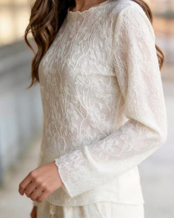 Blouse Ronde Hals Kant Sheer Aansluitend