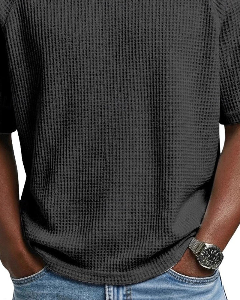 Heren V-Hals T-Shirt Met Wafelstructuur, Casual Short-Sleeve Top In Effen Kleur