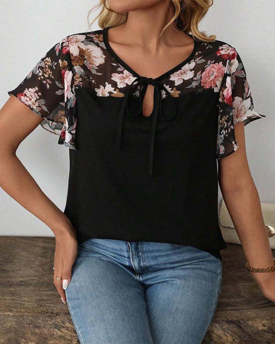 Blouse Korte Mouwen Vetersluiting Bedrukt