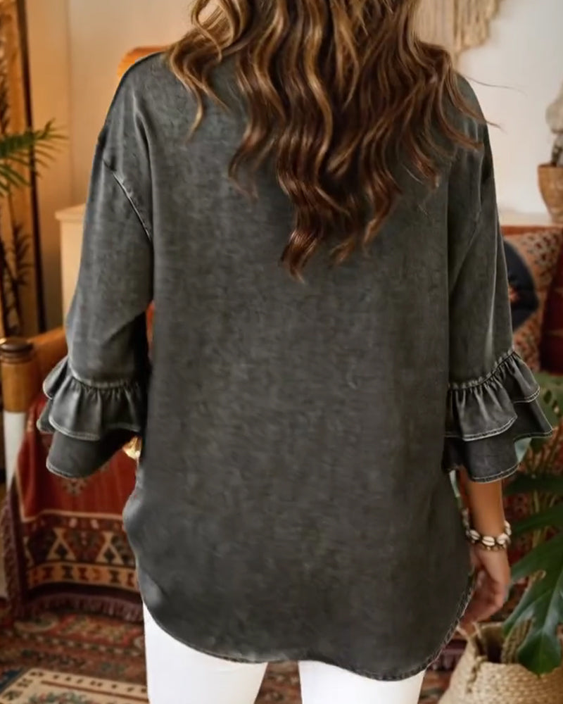 Gerafelde Korte Mouw V-Hals Denim Blouse