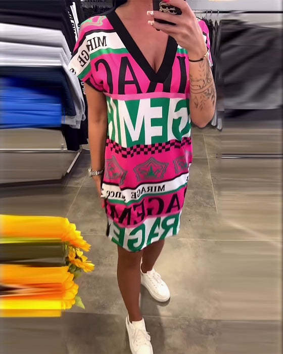 Jurk Bedrukt V-Hals Korte Mouwen