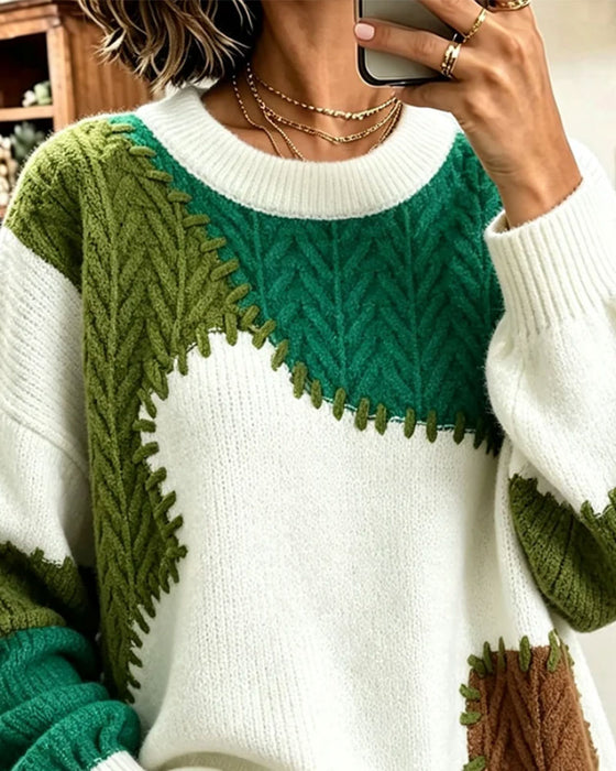 Pullover Ronde Hals Contrastrerend Verlaagde Schouder Patchwork