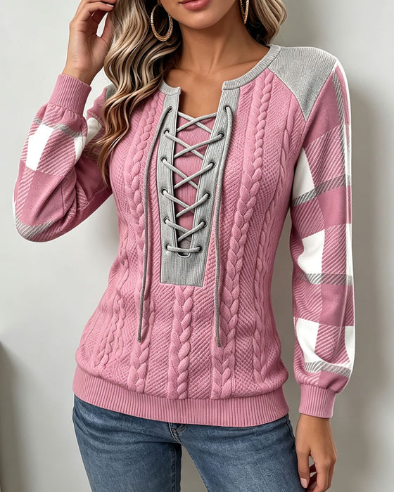 Sweatshirt Ronde Hals Bandjes Geruit Print