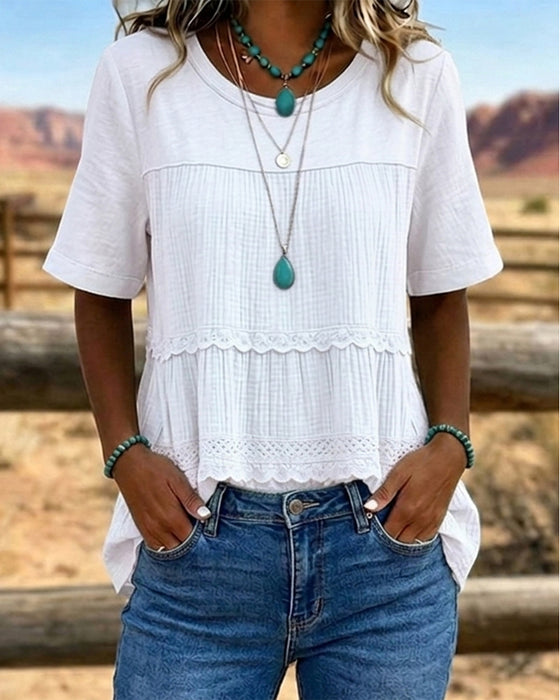 T-Shirt Ronde Hals Ruche Patchwork Effen