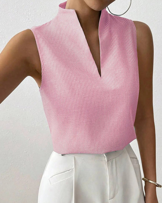 Mouwloze V-Hals Gestreepte Blouse