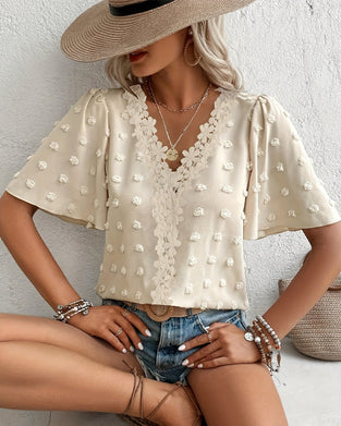 Blouse Samengevoegd Jacquard Ruche Mouw