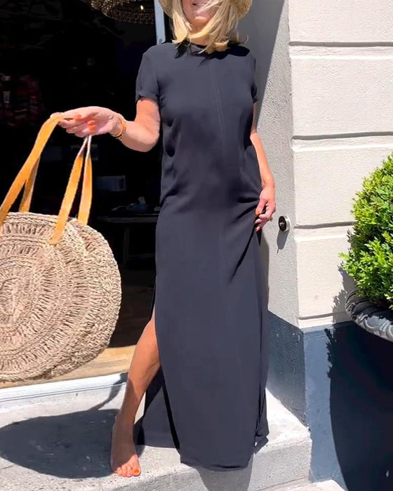 Elegante jurk met korte mouwen in effen kleur