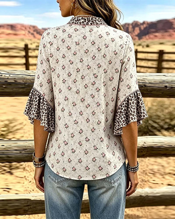 Blouse V-Hals Luipaardprint Bloemen Patchwork Ruches