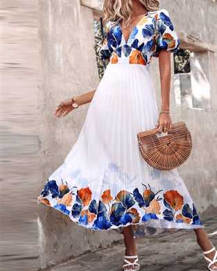 Jurk met diepe V-stijl met bubbelmouwen